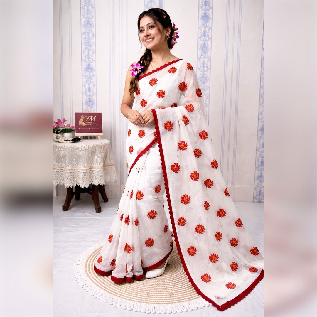 Royal Bloom White Embroidery Saree