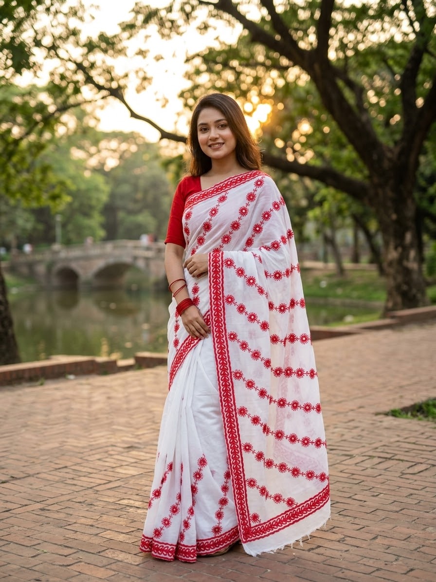 মেঘবালিকা- লাল-সাদা এমব্রয়ডারি শাড়ি